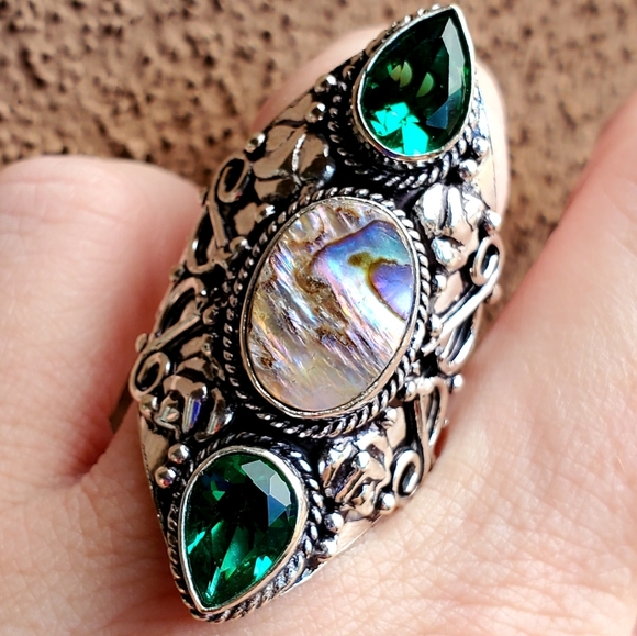 New Abalone Shell & Peridot 925 Silver Statement Ring. - Picture 3 of 16